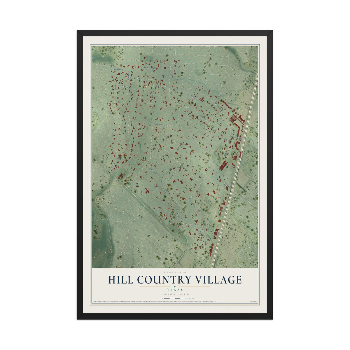 Map of Hill Country Village, Texas, 12 x 18 inch print in a black wood frame
