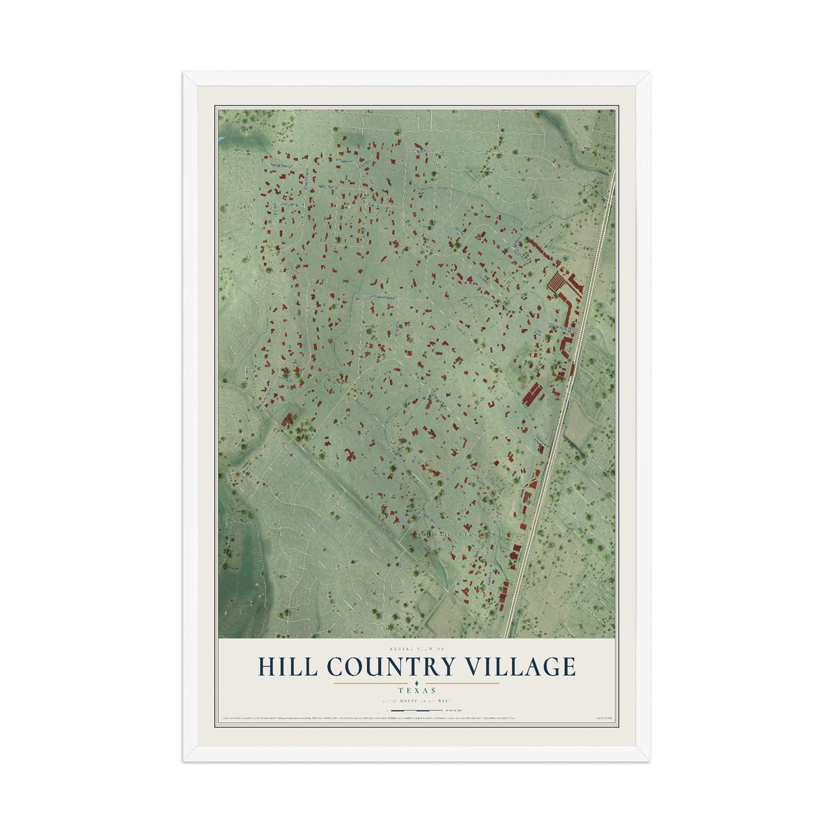 Map of Hill Country Village, Texas, 12 x 18 inch print in a white wood frame