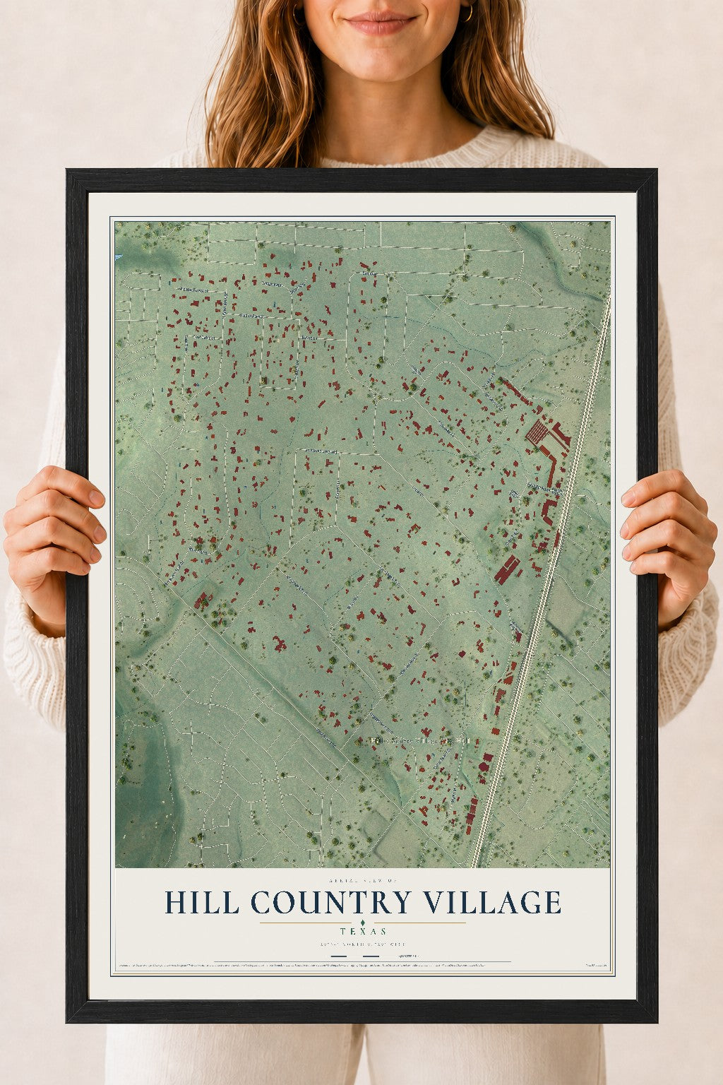 Map of Hill Country Village, Texas, 18 x 24 inch print in a black wood frame