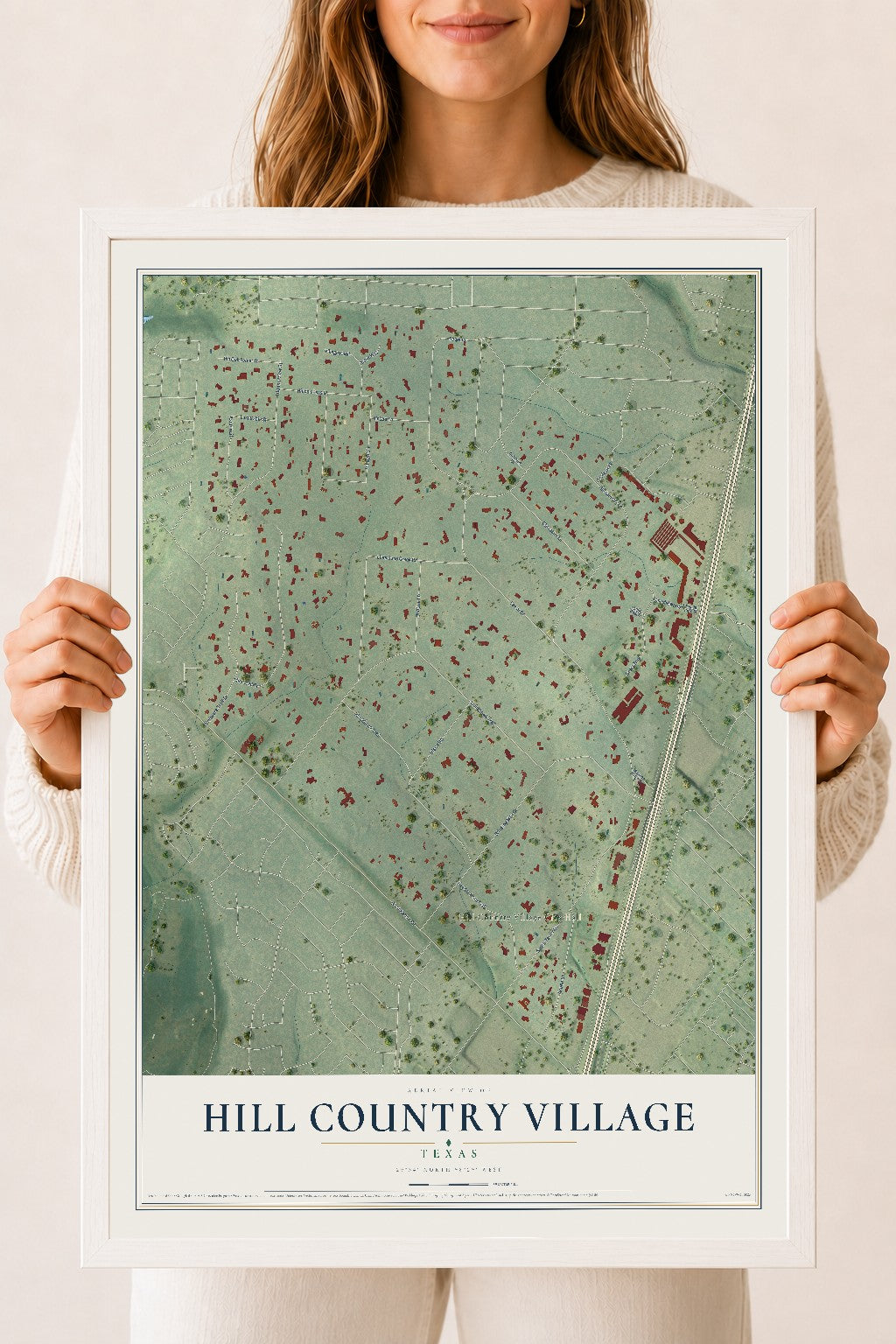 Map of Hill Country Village, Texas, 18 x 24 inch print in a white wood frame