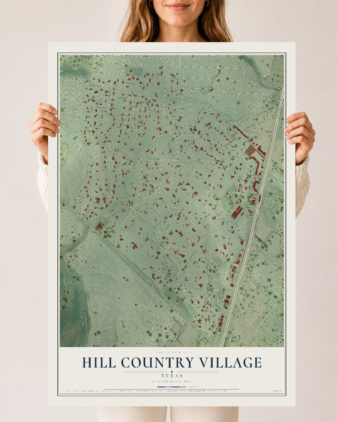 Map of Hill Country Village, Texas, 24 x 36 inch unframed archival matte print