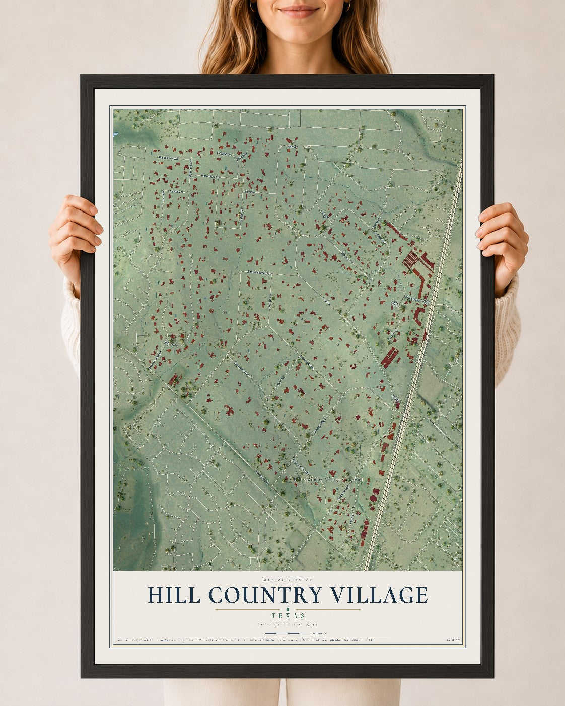 Map of Hill Country Village, Texas, 24 x 36 inch print in a black wood frame