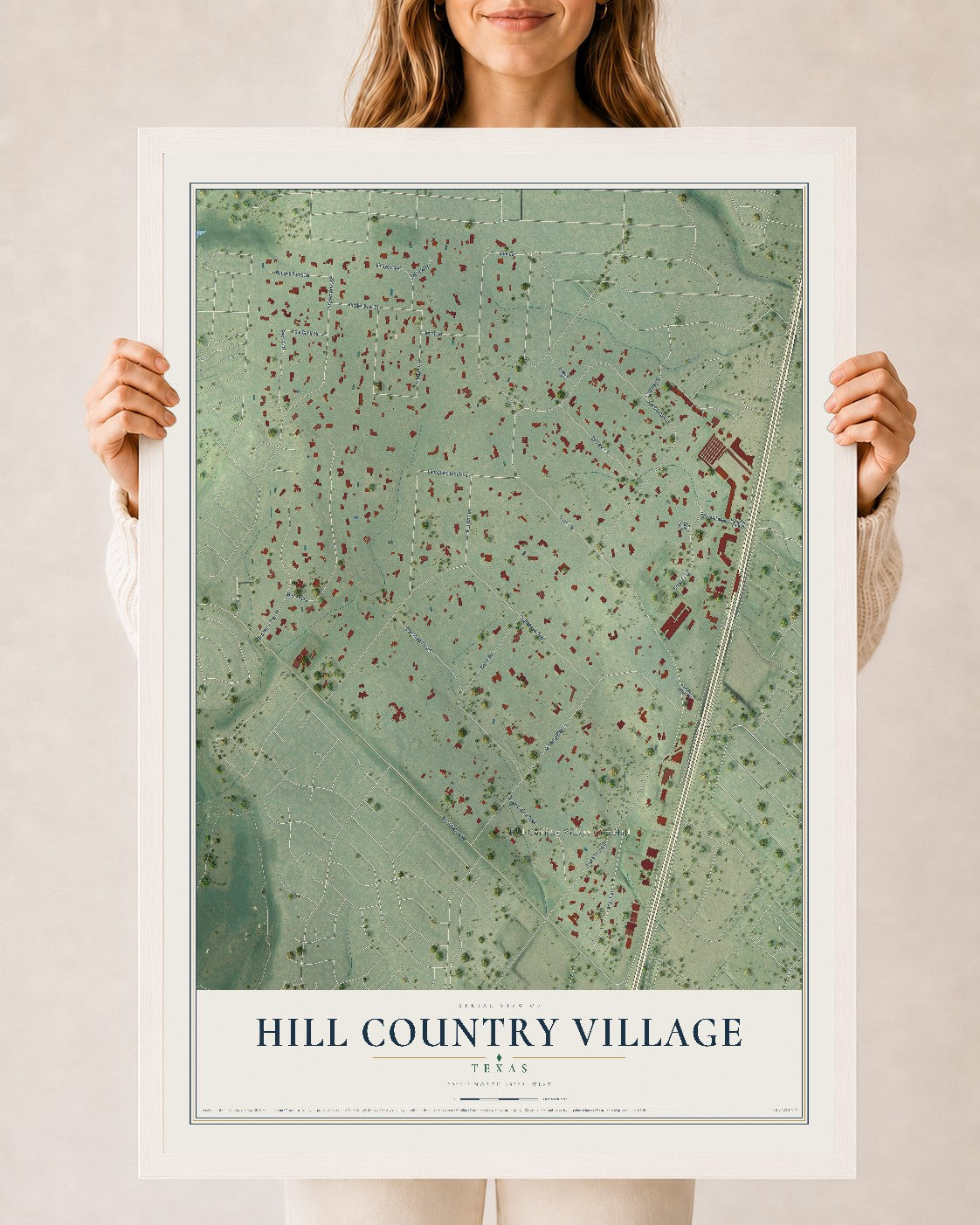 Map of Hill Country Village, Texas, 24 x 36 inch print in a white wood frame