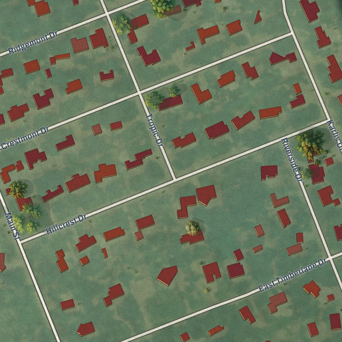 Close-up of the map of Hillcrest Village, Texas print showing street and building detail