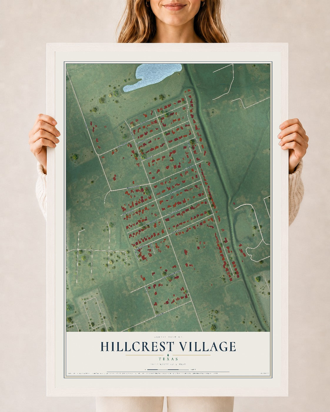 Map of Hillcrest Village, Texas, 24 x 36 inch print in a white wood frame