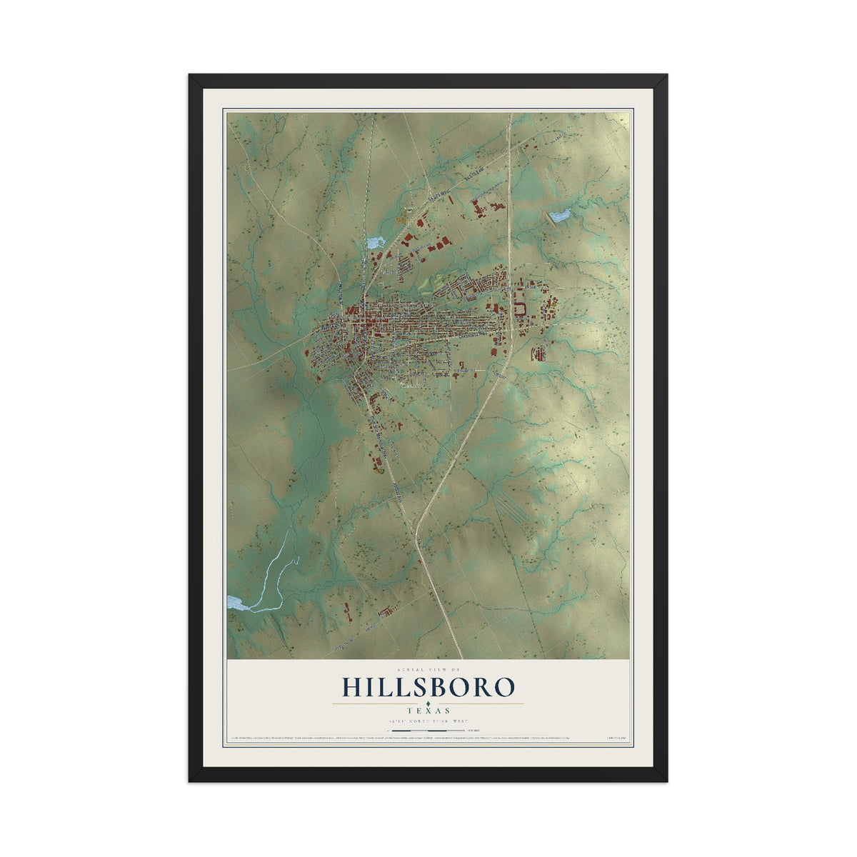 Map of Hillsboro, Texas, 12 x 18 inch print in a black wood frame