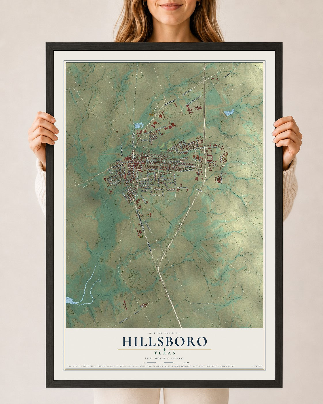 Map of Hillsboro, Texas, 24 x 36 inch print in a black wood frame