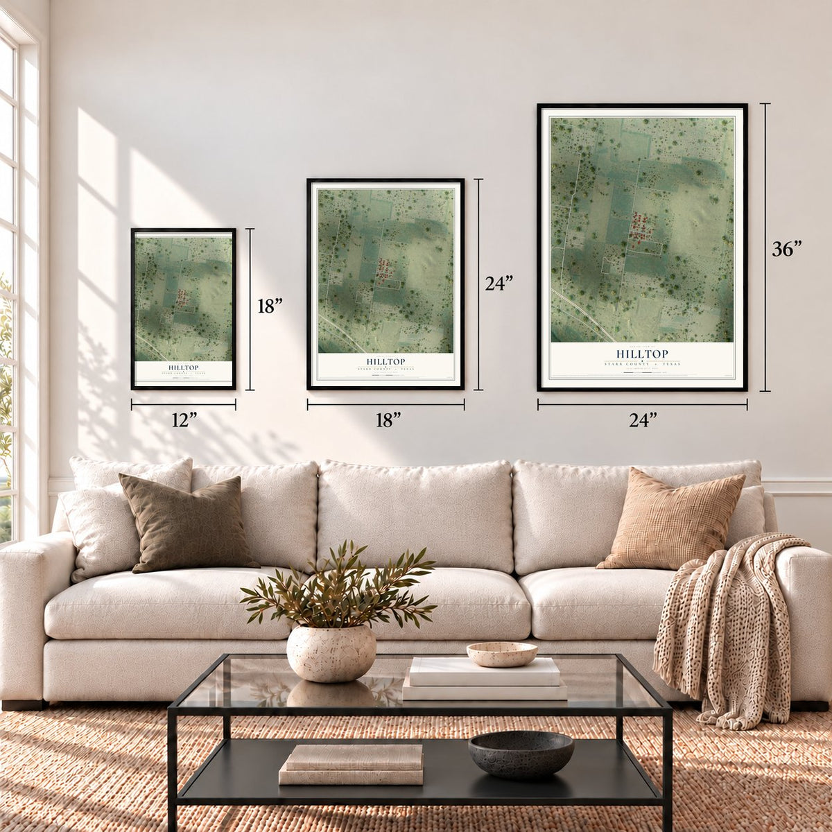 Hilltop, Starr County, Texas map in 12 x 18, 18 x 24 and 24 x 36 inch sizes above a sofa