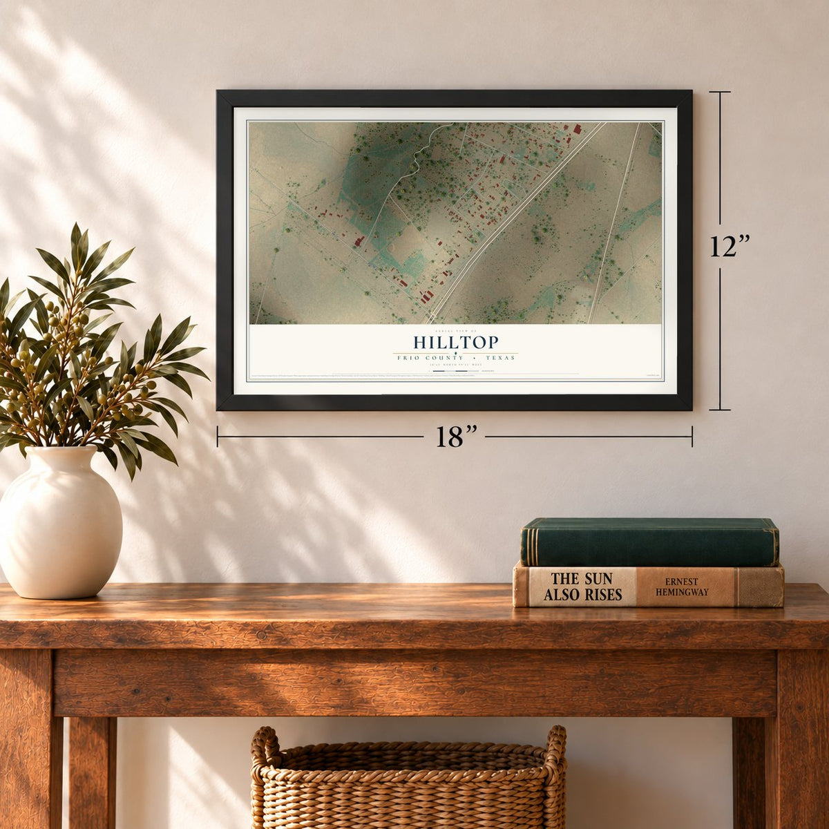 Hilltop, Frio County, Texas map, 12 x 18 inch print in a black frame in an entryway
