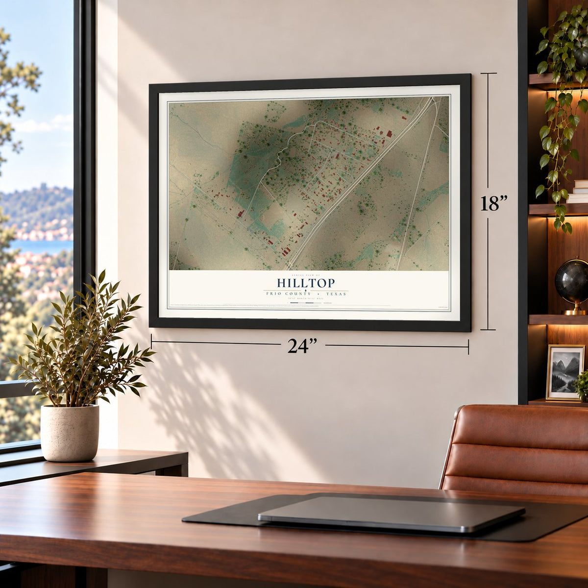 Hilltop, Frio County, Texas map, 18 x 24 inch print in a black frame in a home office