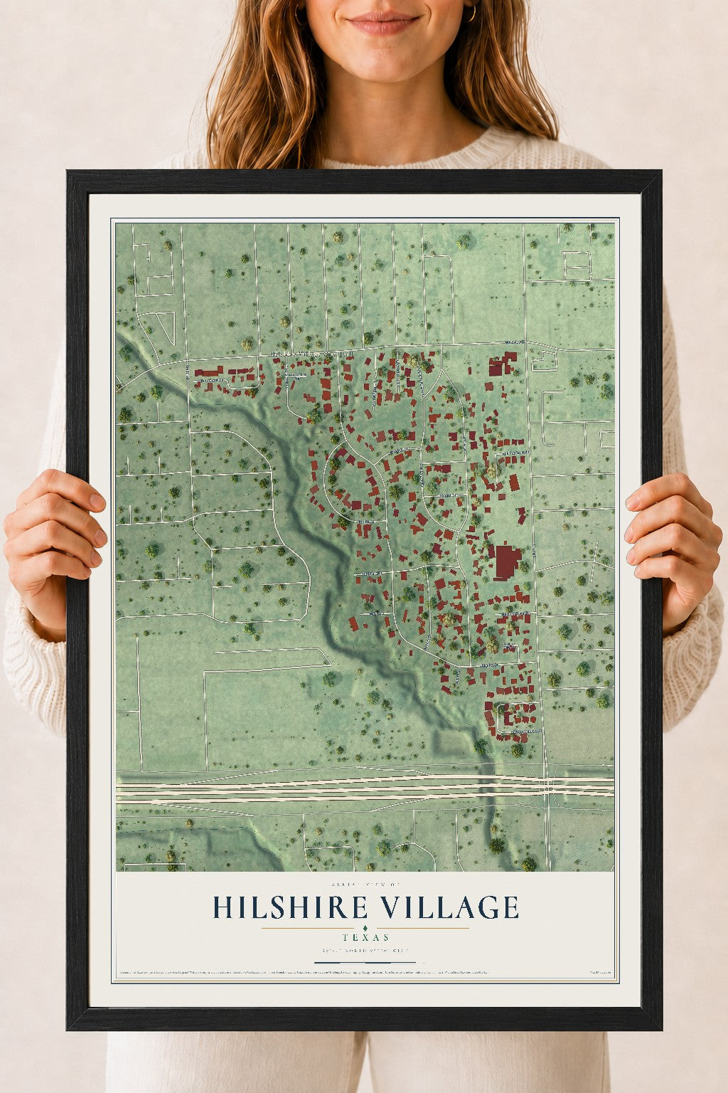 Map of Hilshire Village, Texas, 18 x 24 inch print in a black wood frame