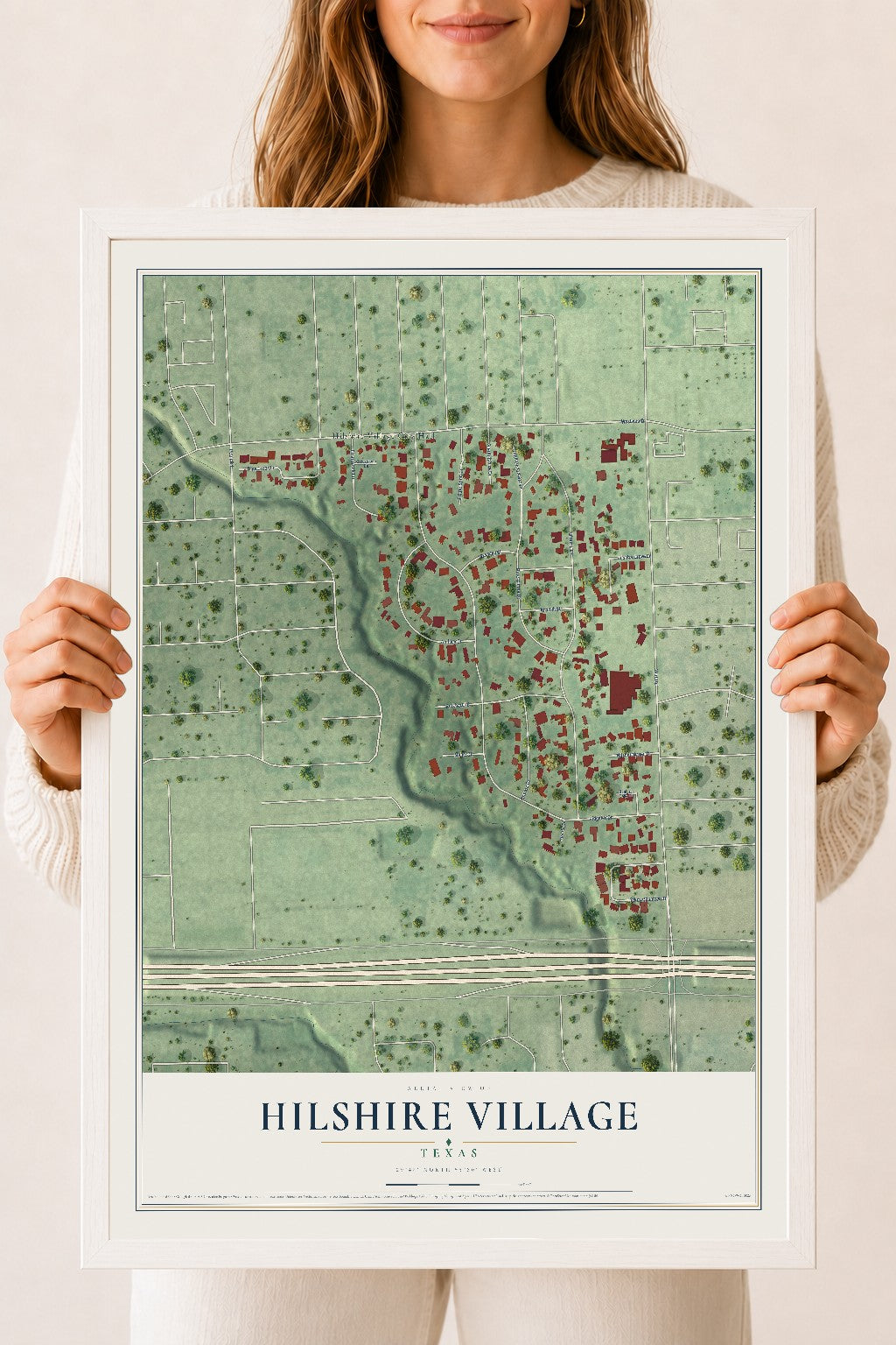 Map of Hilshire Village, Texas, 18 x 24 inch print in a white wood frame