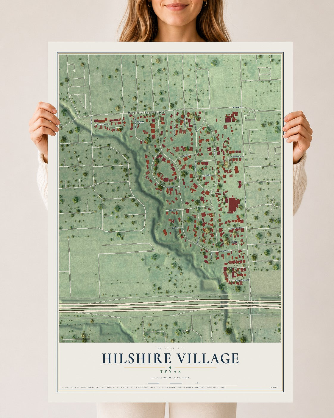 Map of Hilshire Village, Texas, 24 x 36 inch unframed archival matte print