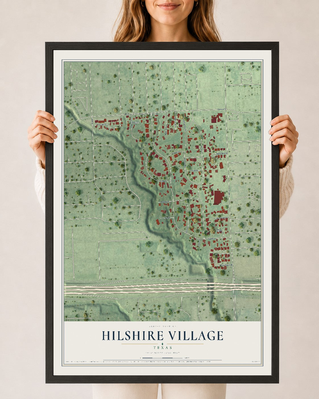 Map of Hilshire Village, Texas, 24 x 36 inch print in a black wood frame