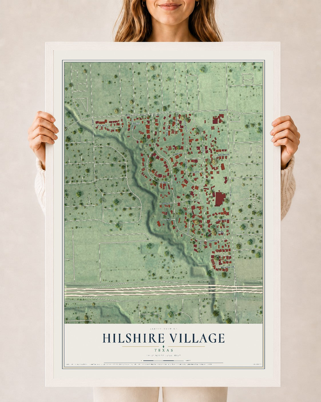 Map of Hilshire Village, Texas, 24 x 36 inch print in a white wood frame