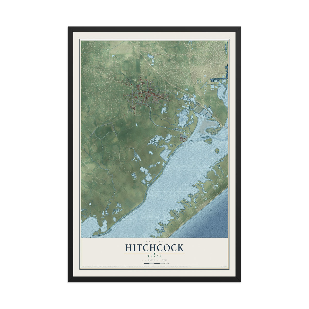 Map of Hitchcock, Texas, 12 x 18 inch print in a black wood frame