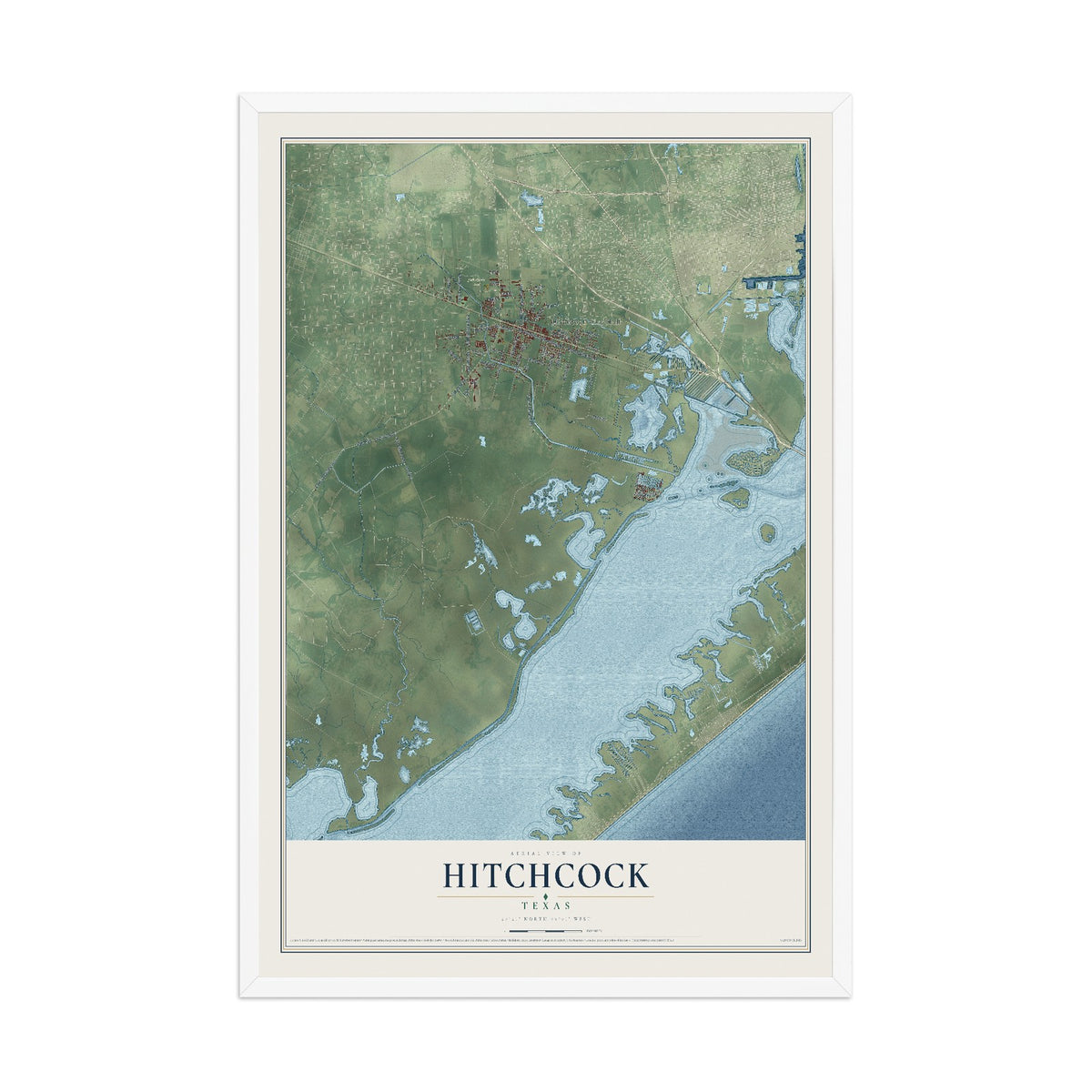 Map of Hitchcock, Texas, 12 x 18 inch print in a white wood frame