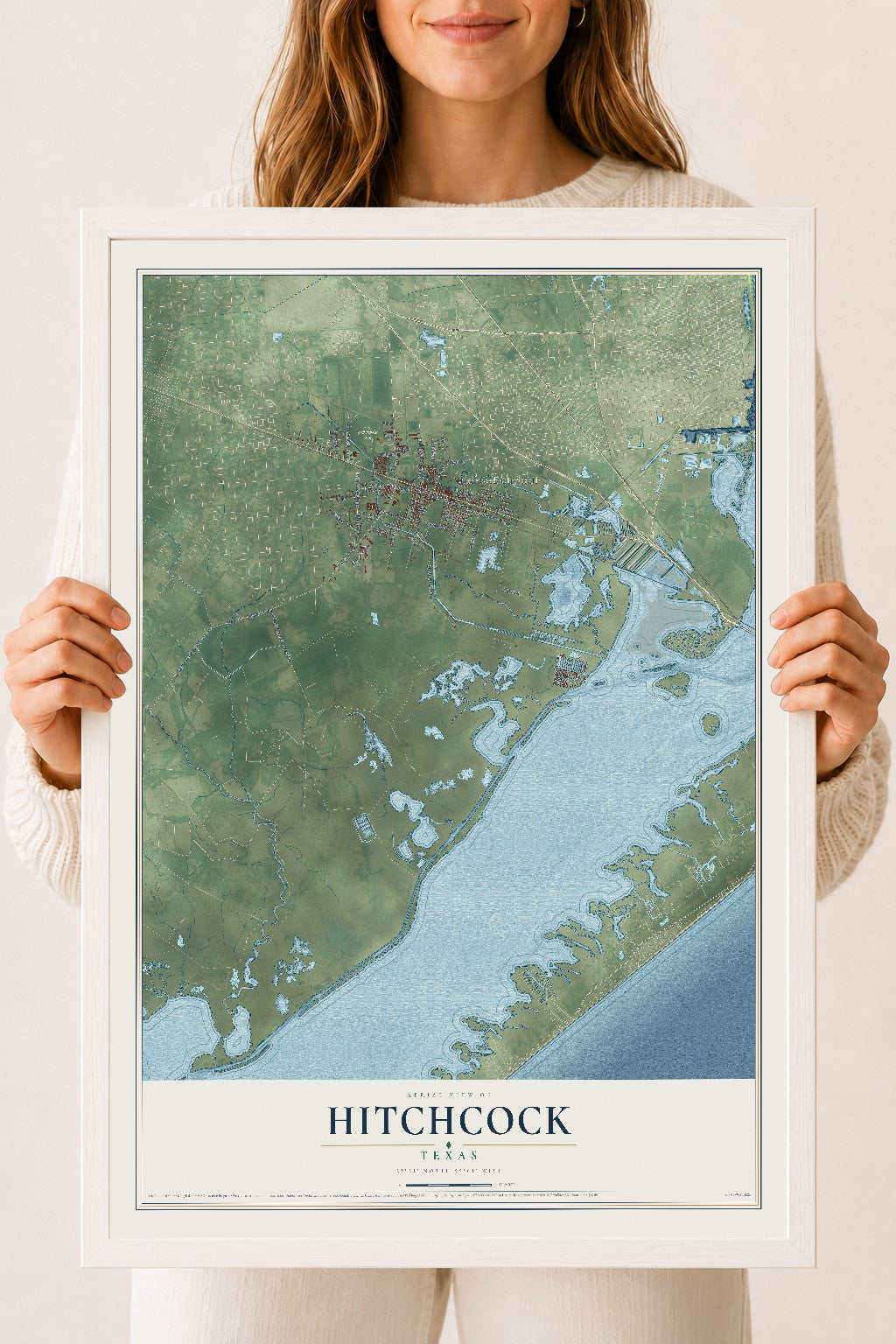 Map of Hitchcock, Texas, 18 x 24 inch print in a white wood frame