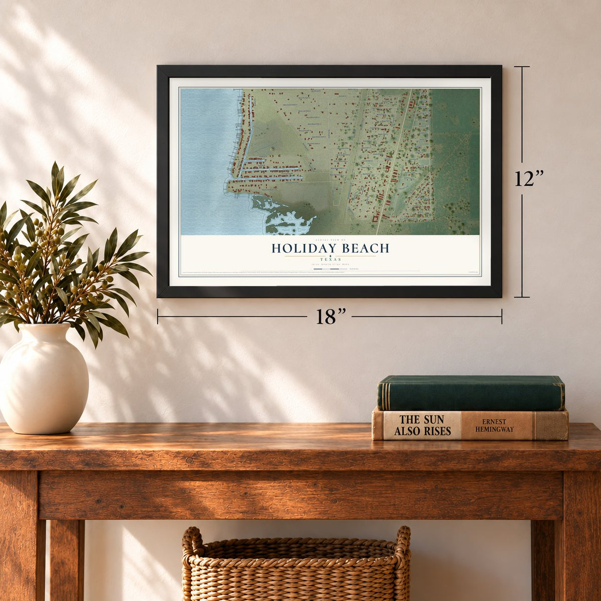 Holiday Beach, Texas map, 12 x 18 inch print in a black frame in an entryway
