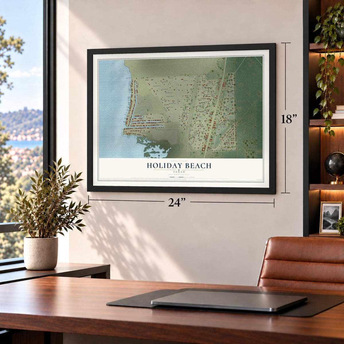 Holiday Beach, Texas map, 18 x 24 inch print in a black frame in a home office