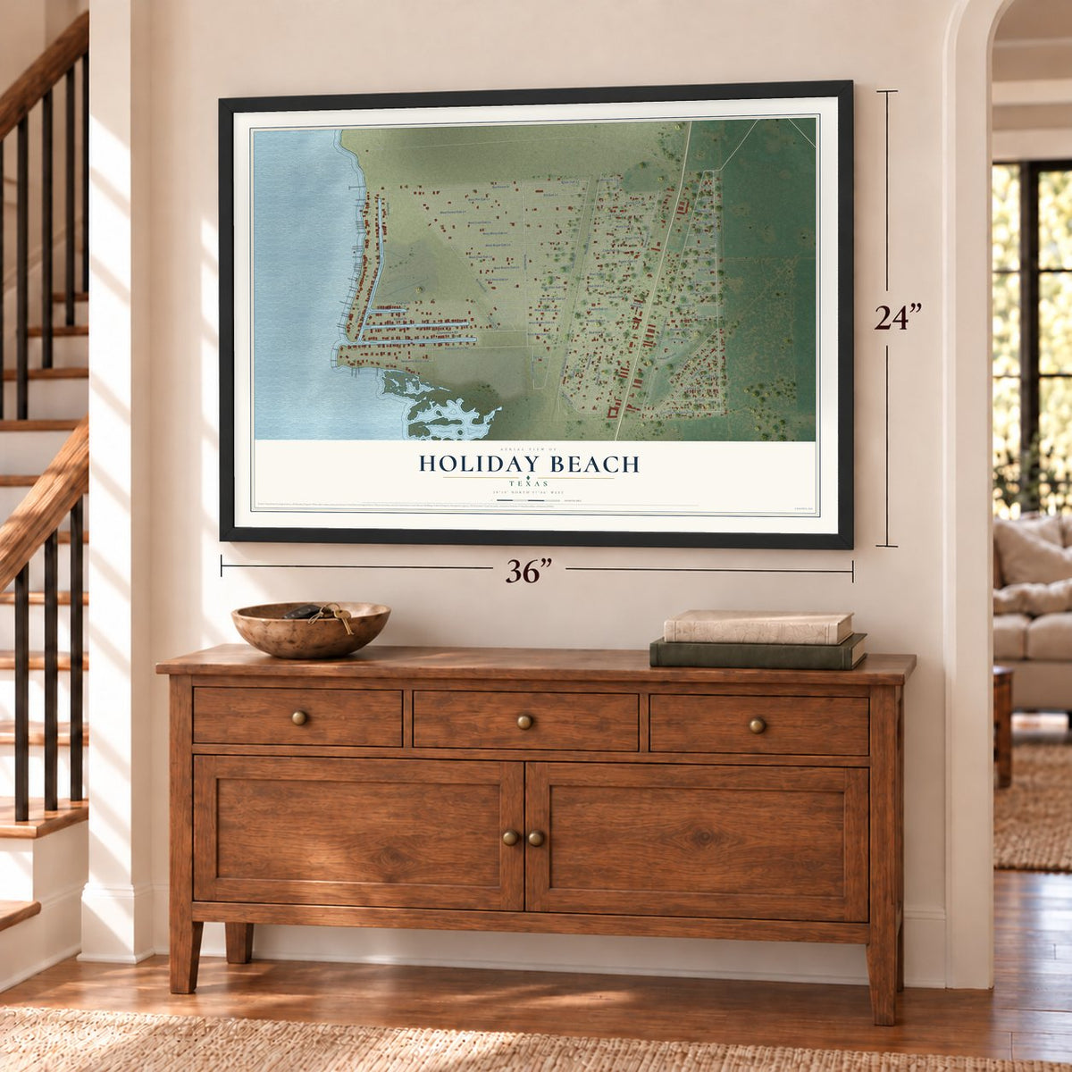 Holiday Beach, Texas map, 24 x 36 inch print in a black frame above a dresser by a staircase