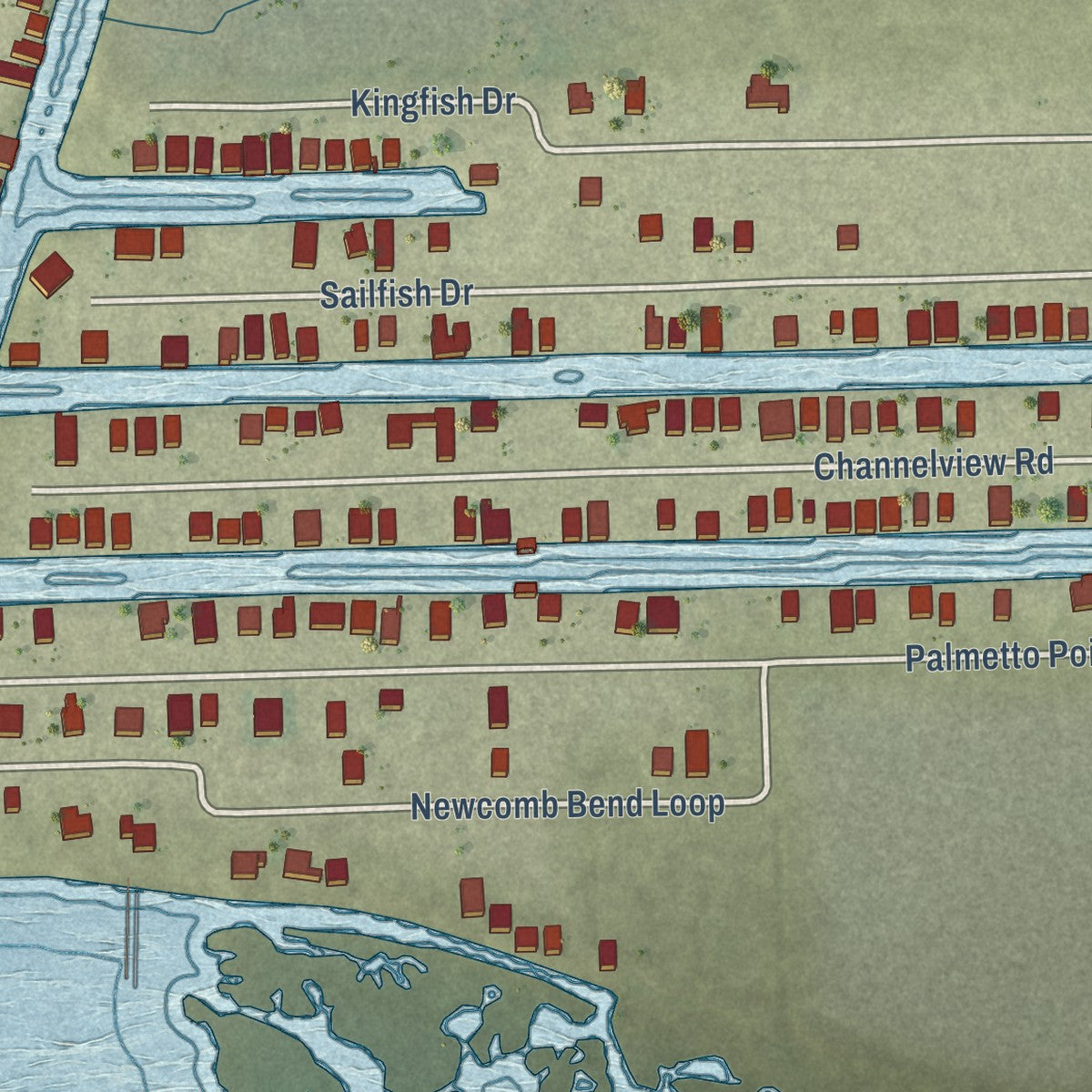 Close-up of the map of Holiday Beach, Texas print showing street and building detail