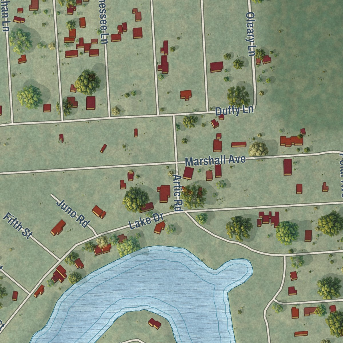 Second close-up of the map of Holiday Lakes, Texas print showing more streets and buildings