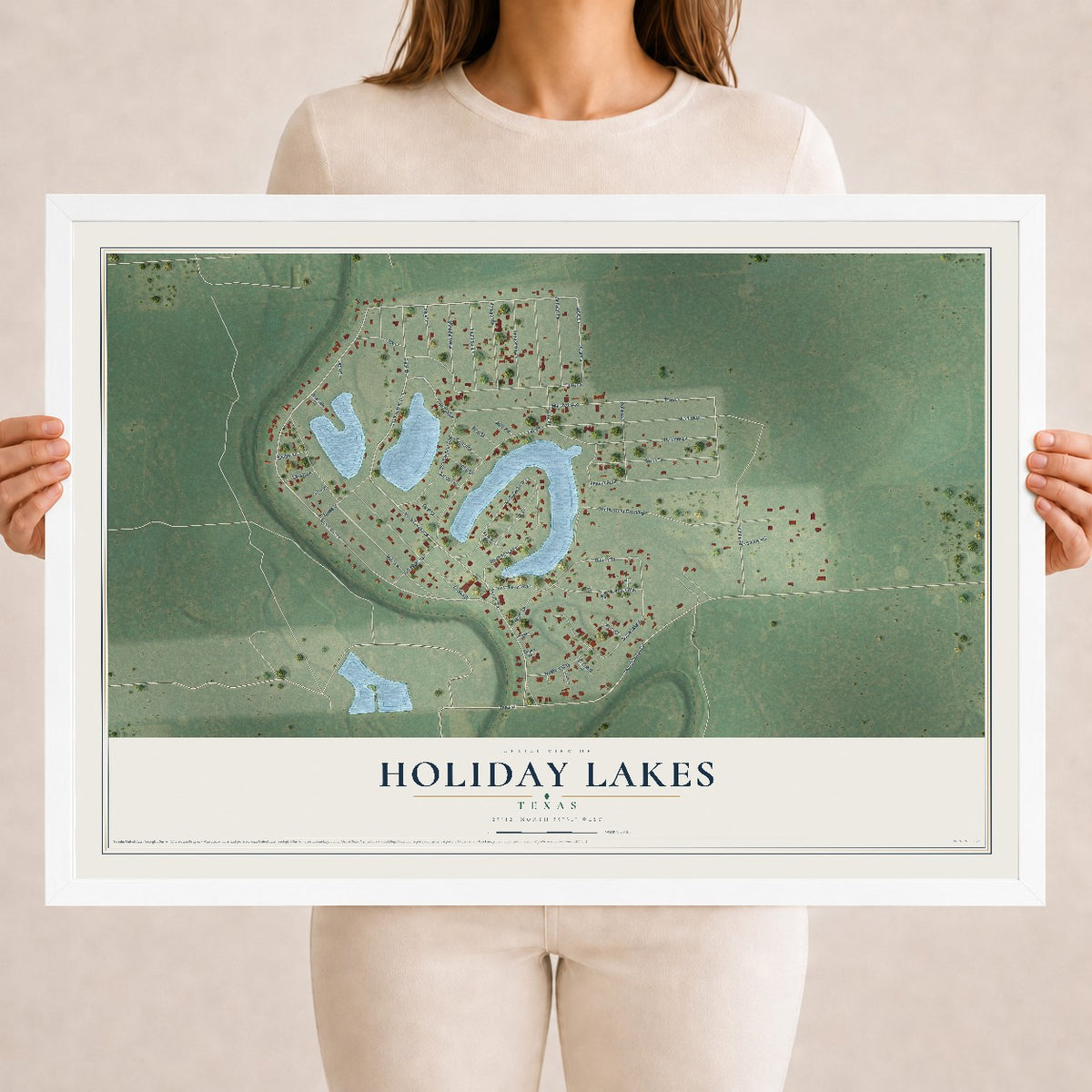 Map of Holiday Lakes, Texas, 18 x 24 inch print in a white wood frame