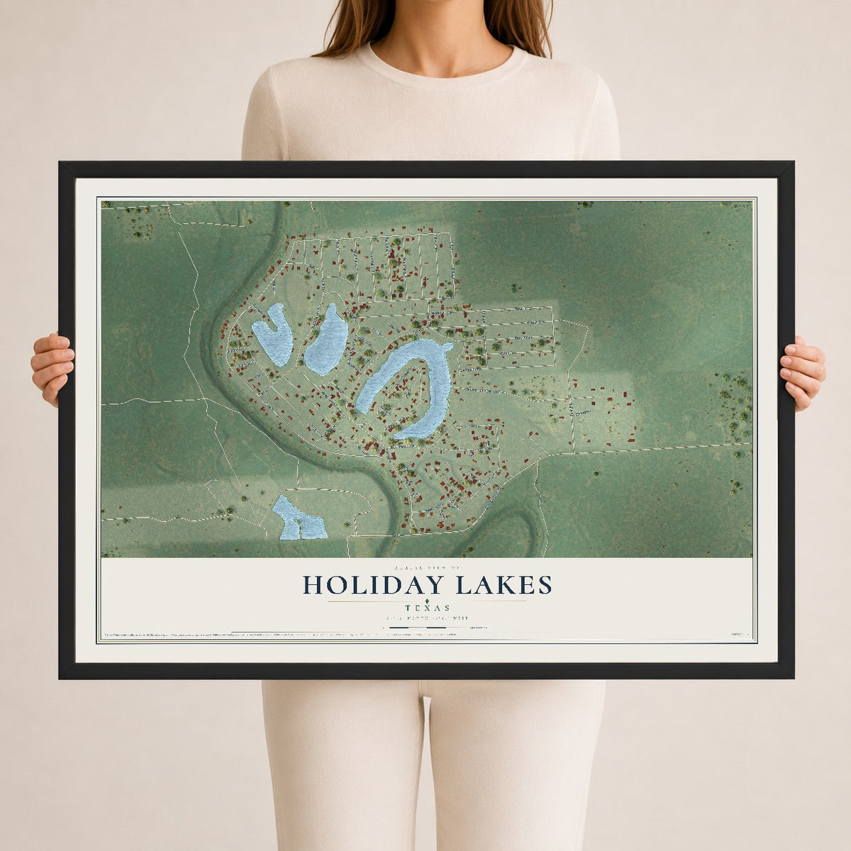 Map of Holiday Lakes, Texas, 24 x 36 inch print in a black wood frame