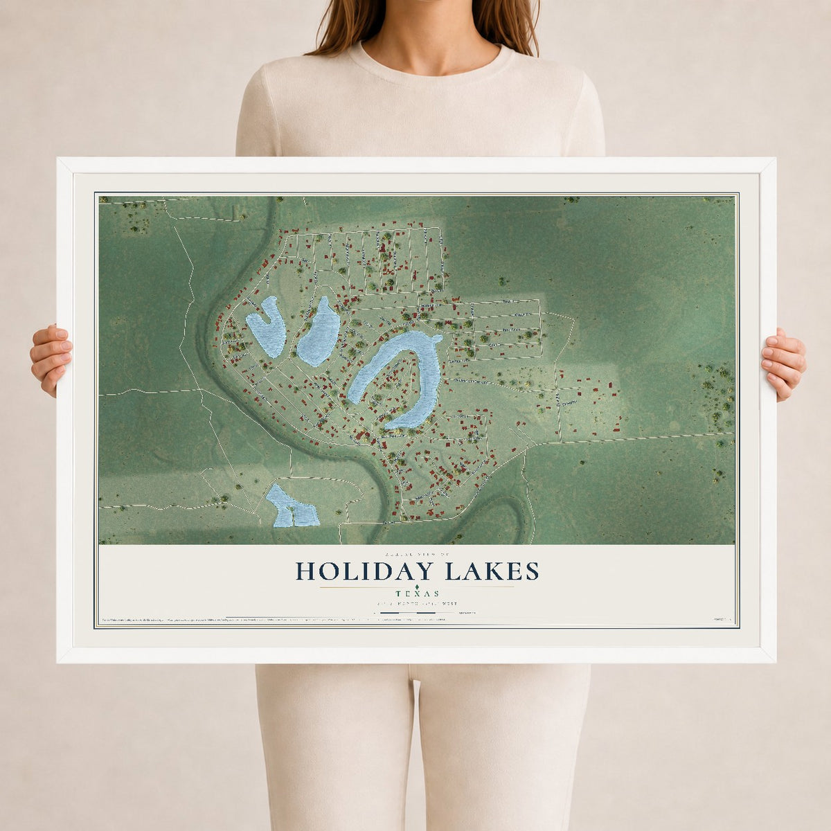 Map of Holiday Lakes, Texas, 24 x 36 inch print in a white wood frame