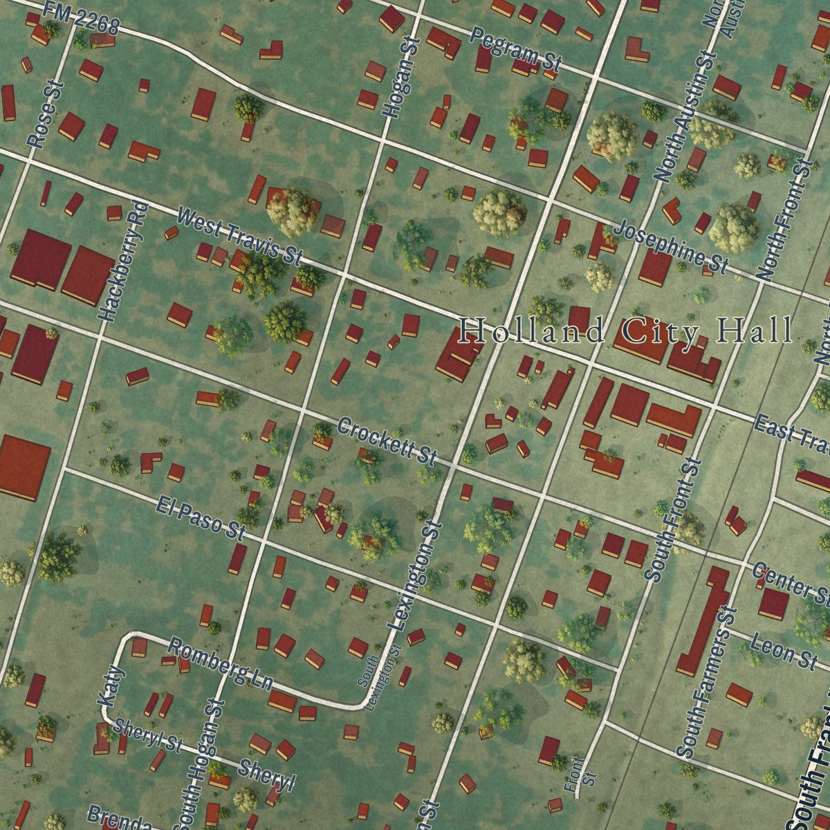 Close-up of the map of Holland, Texas print showing street and building detail