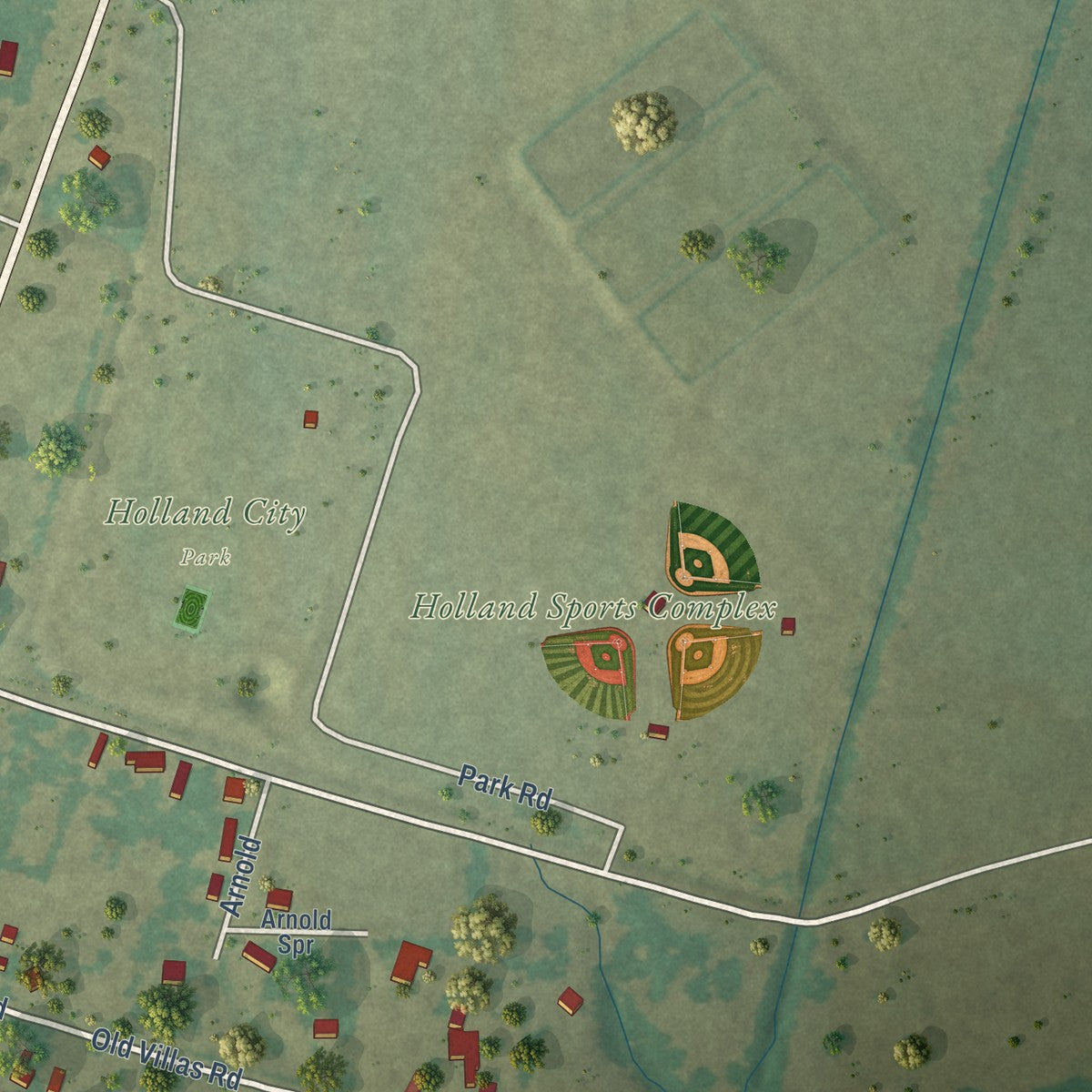 Second close-up of the map of Holland, Texas print showing more streets and buildings