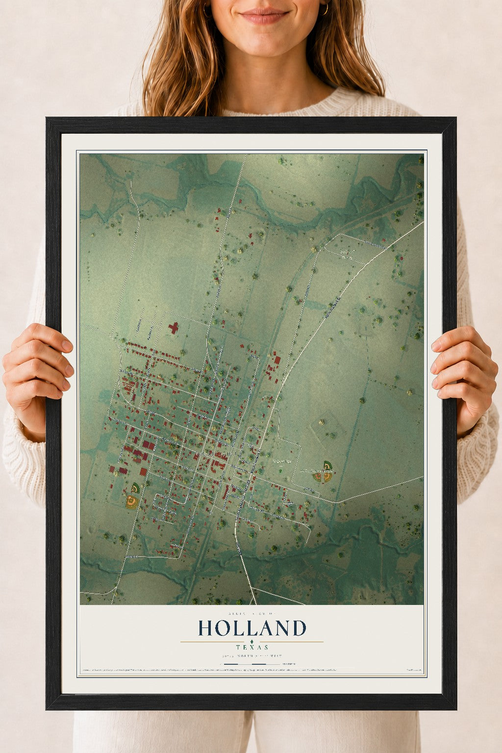Map of Holland, Texas, 18 x 24 inch print in a black wood frame