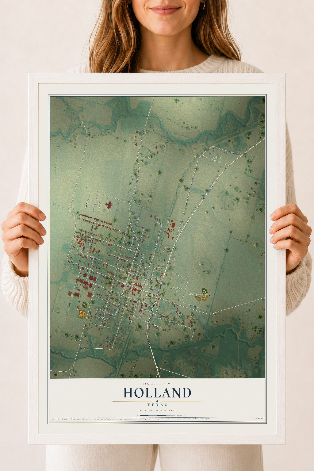 Map of Holland, Texas, 18 x 24 inch print in a white wood frame