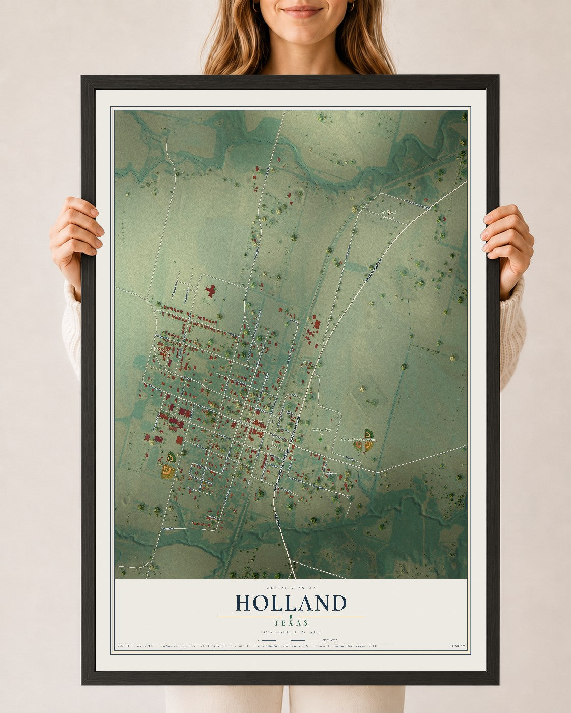 Map of Holland, Texas, 24 x 36 inch print in a black wood frame