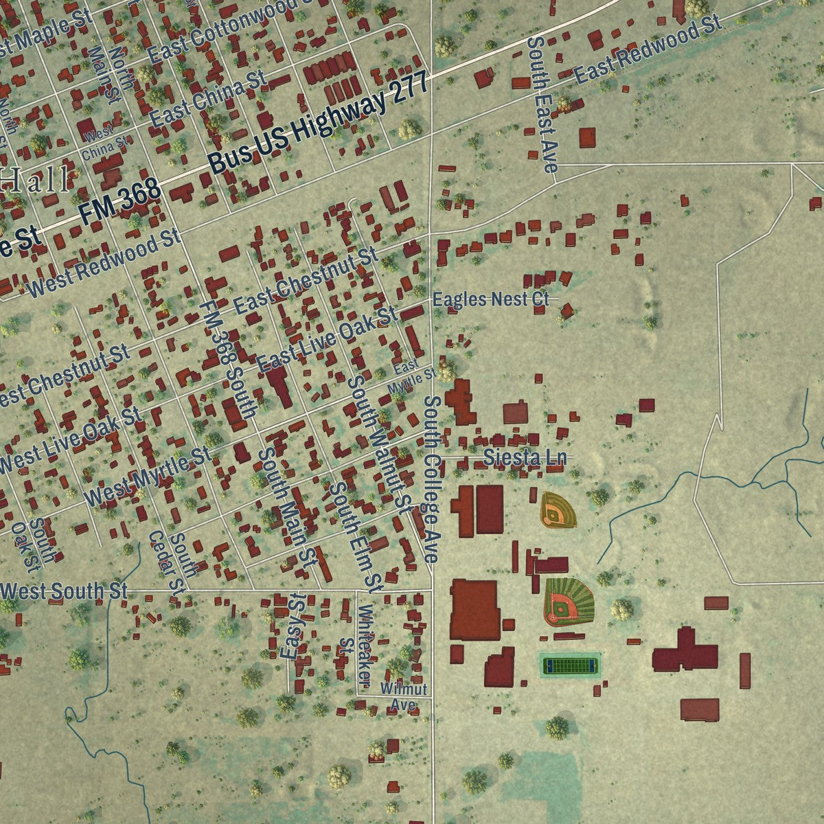 Close-up of the map of Holliday, Texas print showing street and building detail