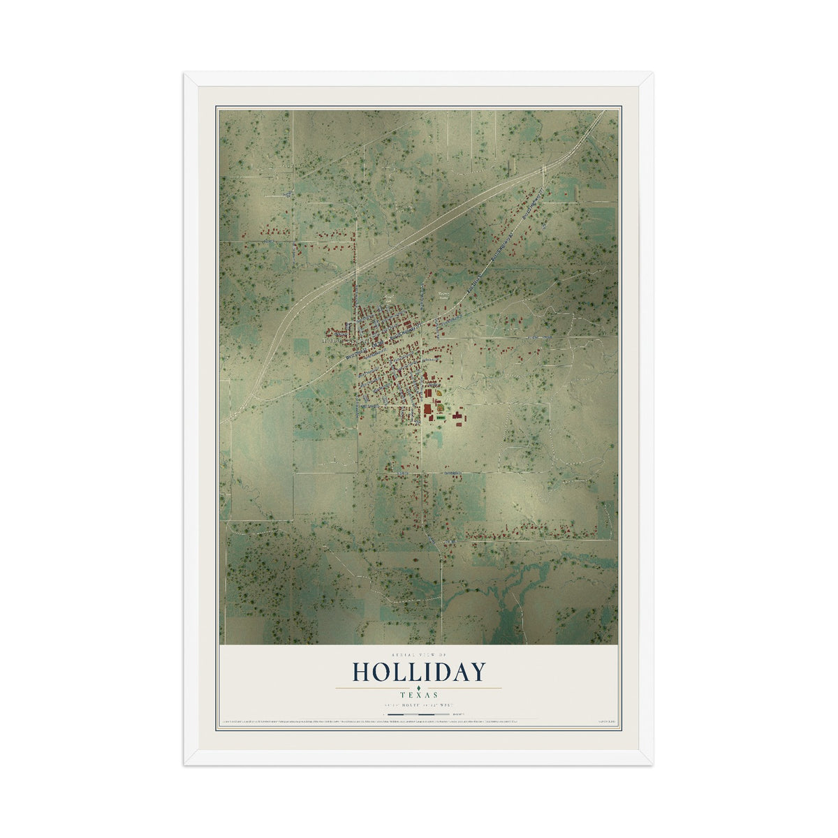 Map of Holliday, Texas, 12 x 18 inch print in a white wood frame