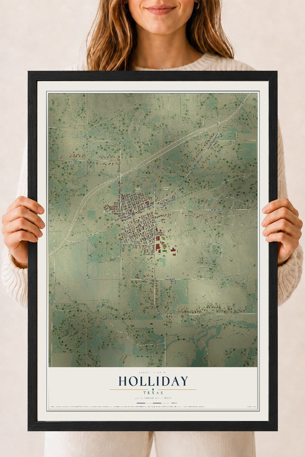 Map of Holliday, Texas, 18 x 24 inch print in a black wood frame