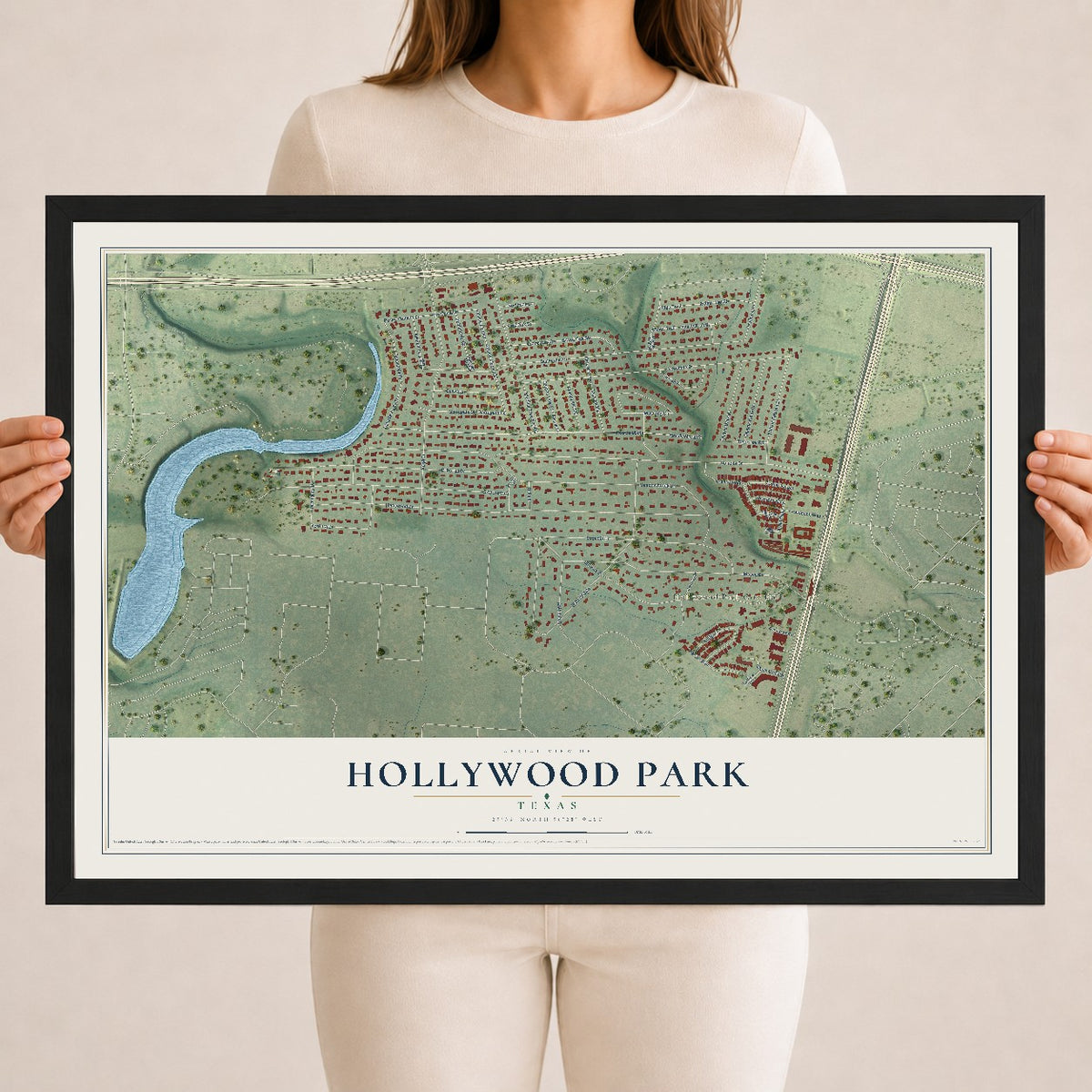 Map of Hollywood Park, Texas, 18 x 24 inch print in a black wood frame