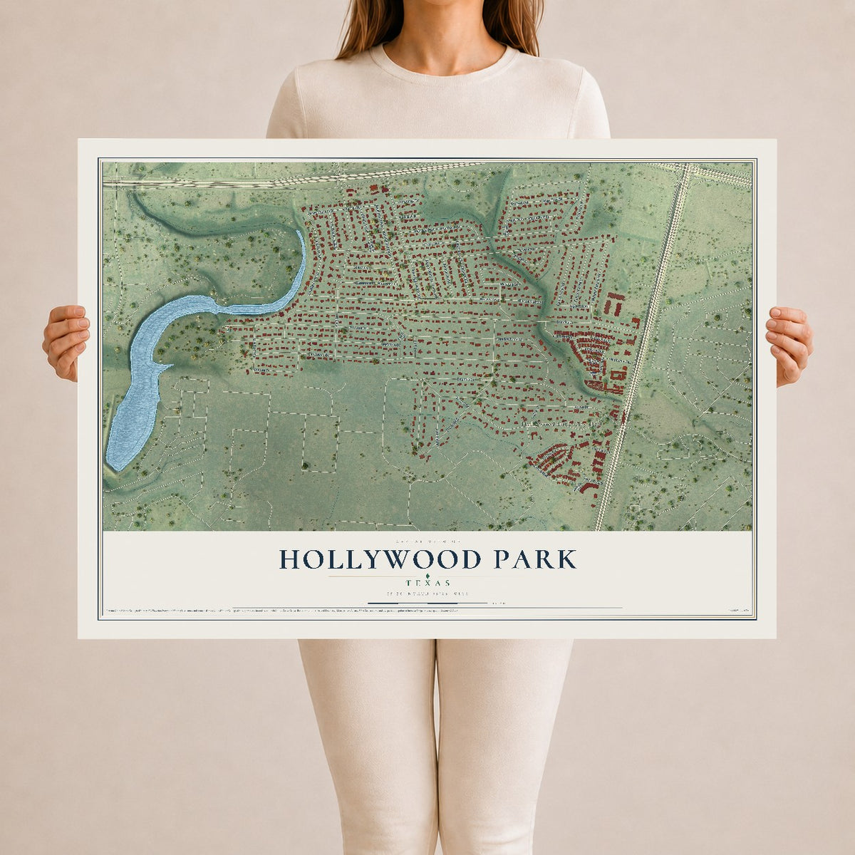 Map of Hollywood Park, Texas, 24 x 36 inch unframed archival matte print