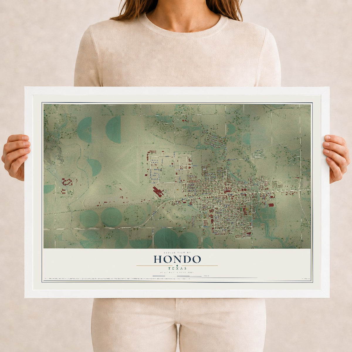 Map of Hondo, Texas, 12 x 18 inch print in a white wood frame