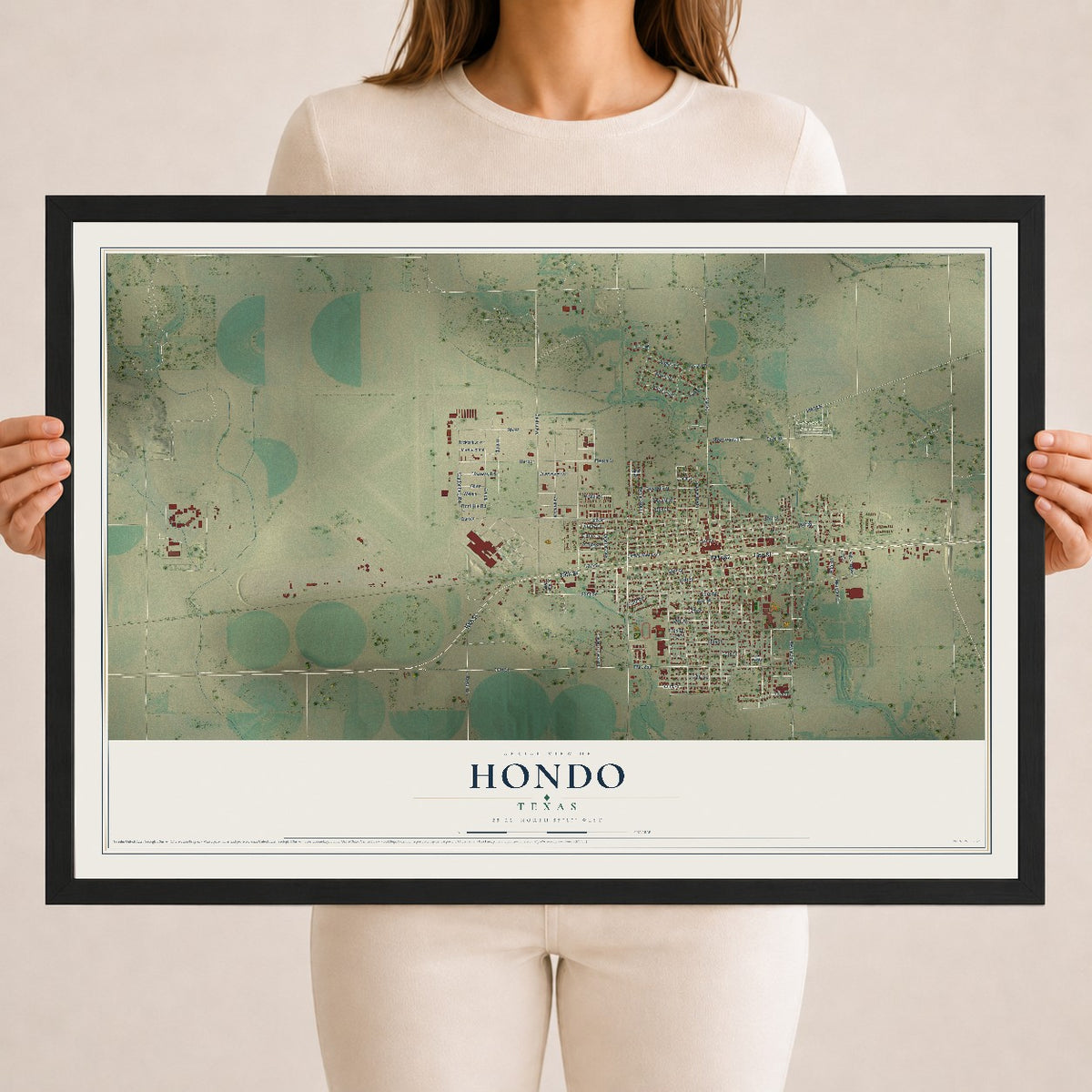 Map of Hondo, Texas, 18 x 24 inch print in a black wood frame