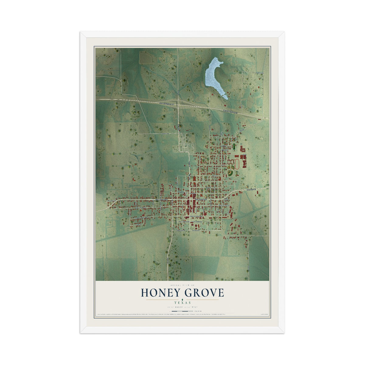 Map of Honey Grove, Texas, 12 x 18 inch print in a white wood frame