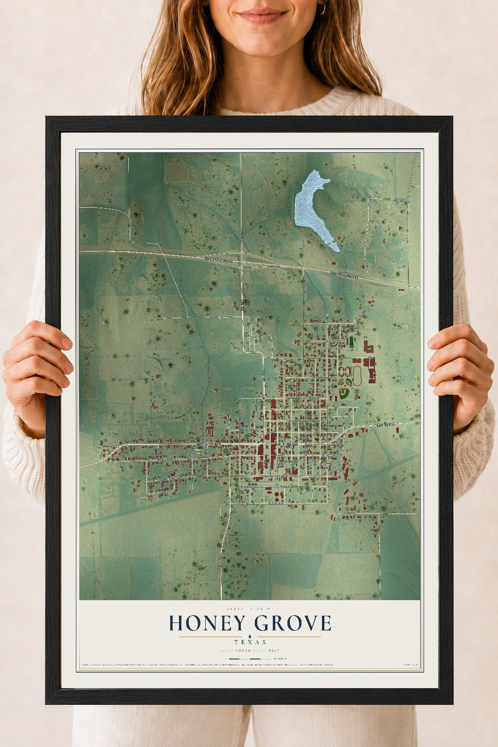Map of Honey Grove, Texas, 18 x 24 inch print in a black wood frame