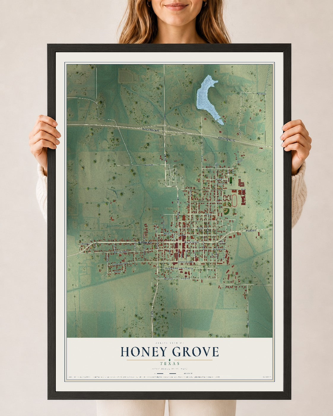 Map of Honey Grove, Texas, 24 x 36 inch print in a black wood frame