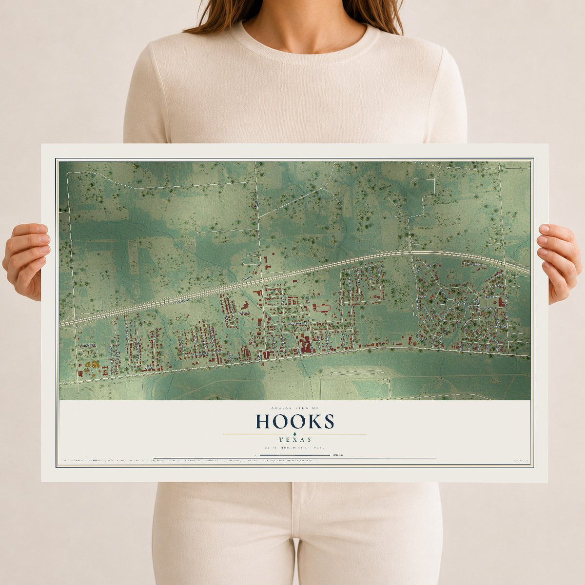 Map of Hooks, Texas, 12 x 18 inch unframed archival matte print