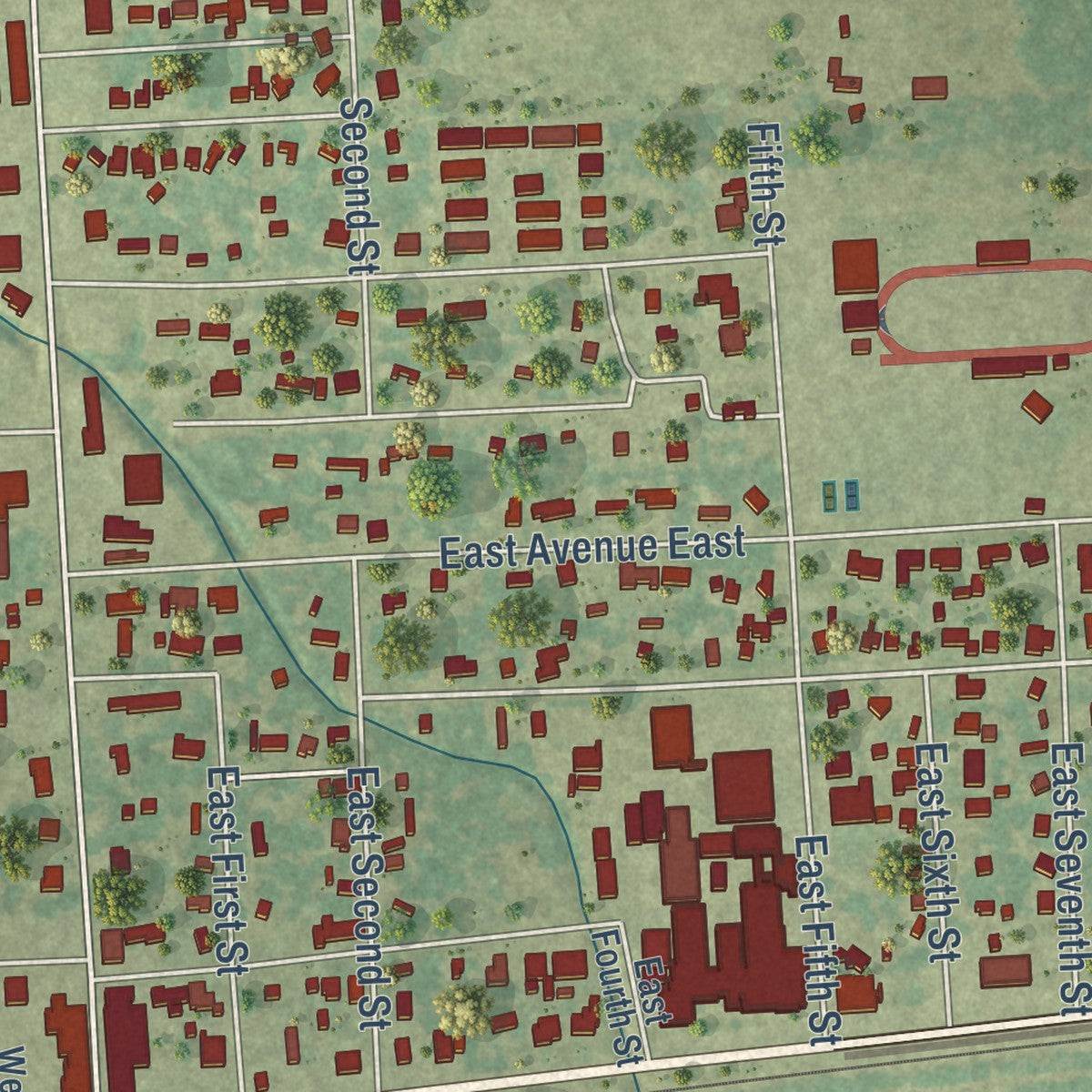 Close-up of the map of Hooks, Texas print showing street and building detail