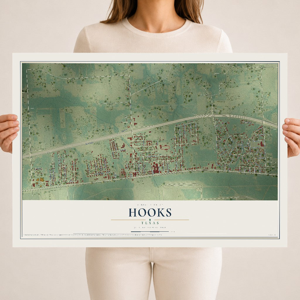 Map of Hooks, Texas, 18 x 24 inch unframed archival matte print