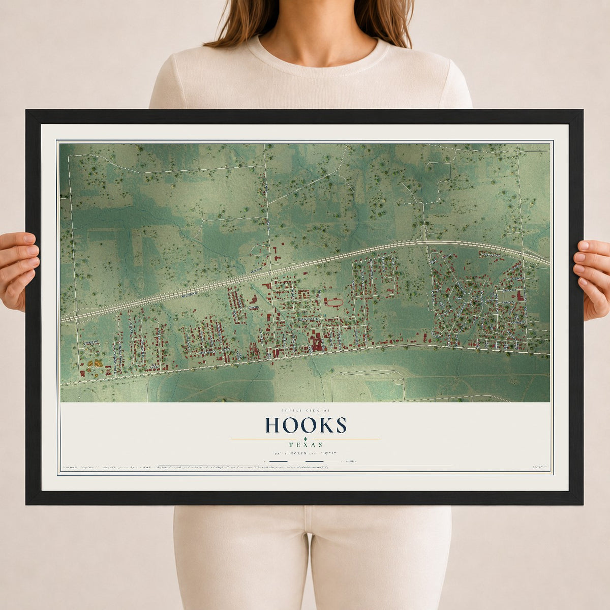 Map of Hooks, Texas, 18 x 24 inch print in a black wood frame