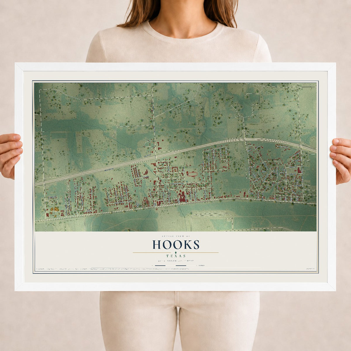 Map of Hooks, Texas, 18 x 24 inch print in a white wood frame